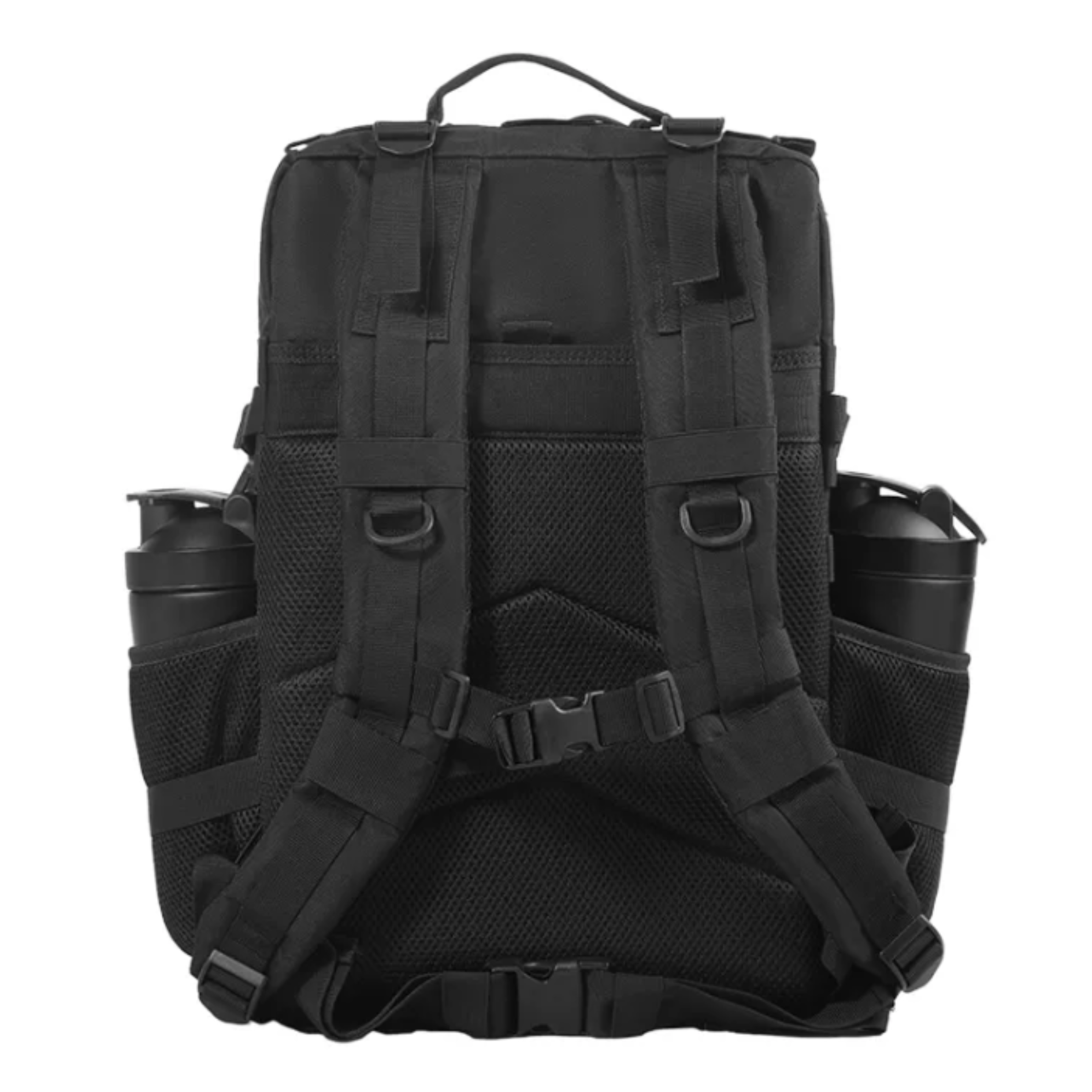 Back view of the tactical backpack, showcasing padded straps, breathable back panel, and adjustable features.