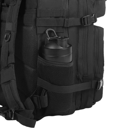 Tactical backpack shown from a different angle, emphasizing its ergonomic design and various compartments.