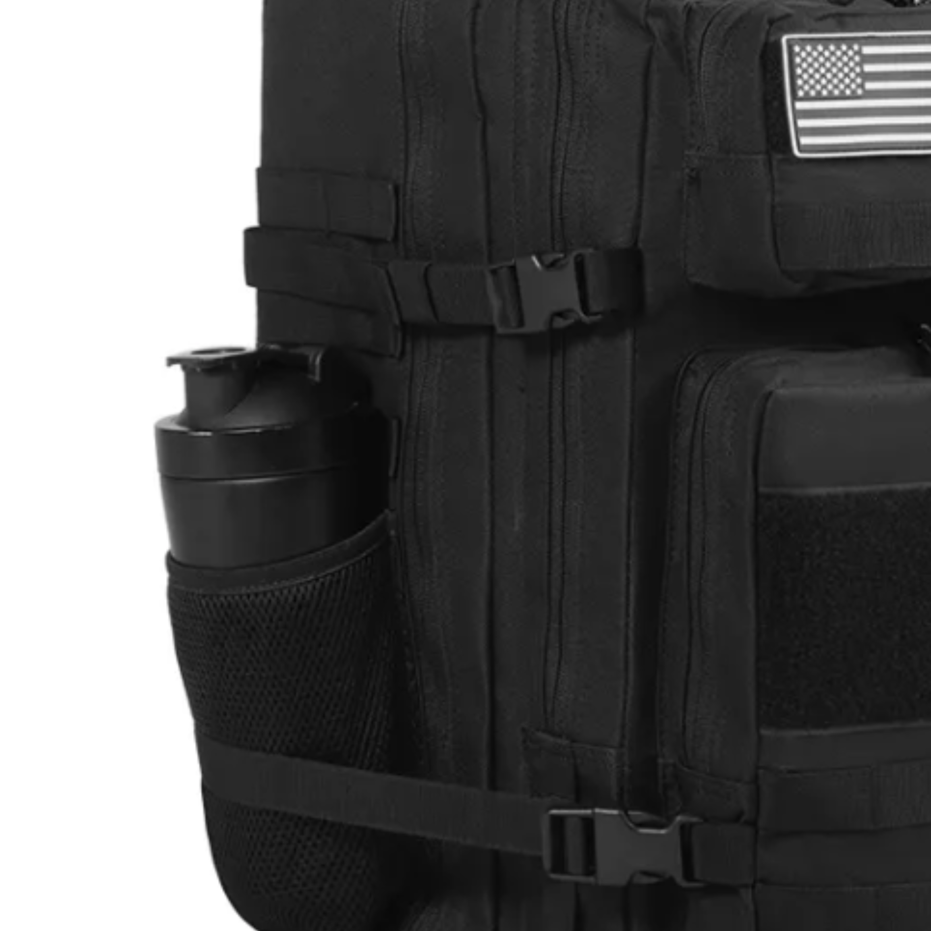 actical backpack shown from a different angle, emphasizing its ergonomic design and various compartments.